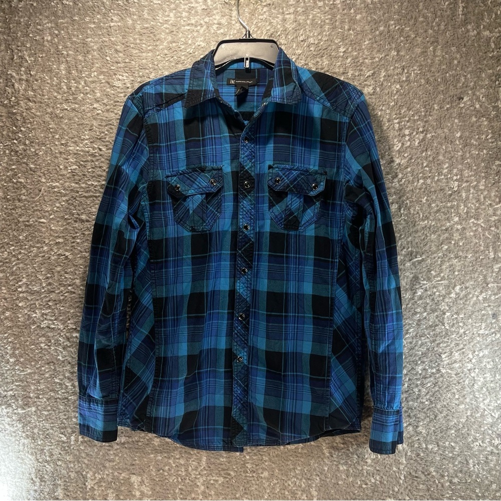 I.N.C International Concepts Snap Front Long Sleeve Western Plaid Shirt Small‎